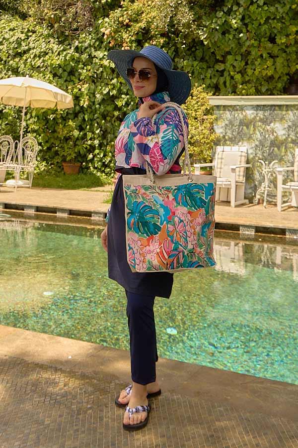 Starinci MayoTesettür Mayo Kapaklı Lacivert Yapraklı