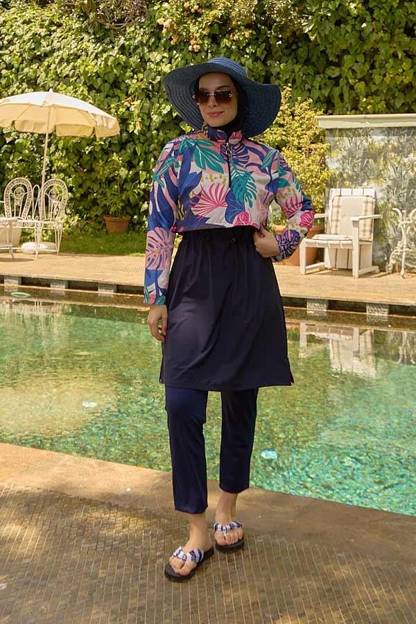 Starinci MayoTesettür Mayo Kapaklı Lacivert Yapraklı