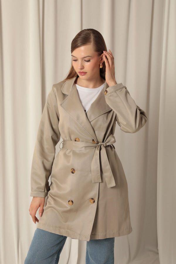 Starinci MayoKadın Kısa Trençkot Belden Bağlamalı Düğmeli Taş Rengi