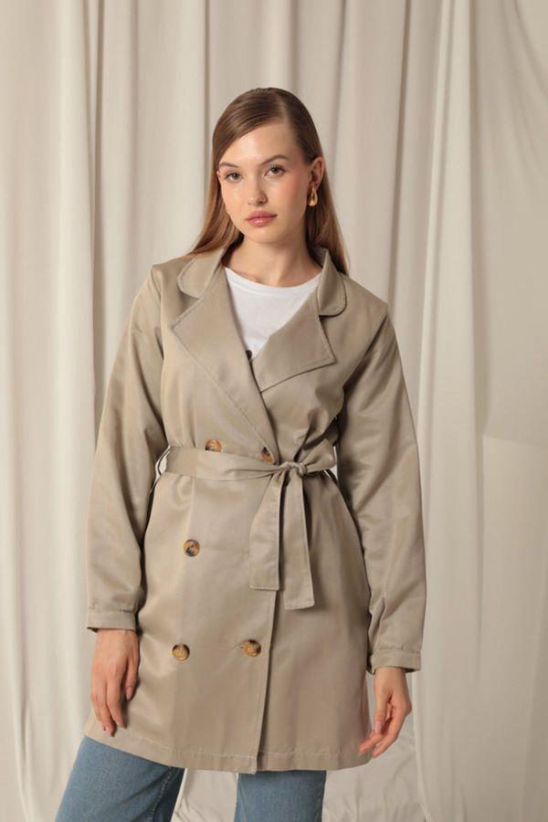 Starinci MayoKadın Kısa Trençkot Belden Bağlamalı Düğmeli Taş Rengi