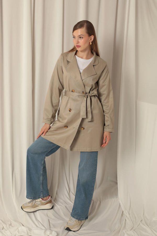 Starinci MayoKadın Kısa Trençkot Belden Bağlamalı Düğmeli Taş Rengi