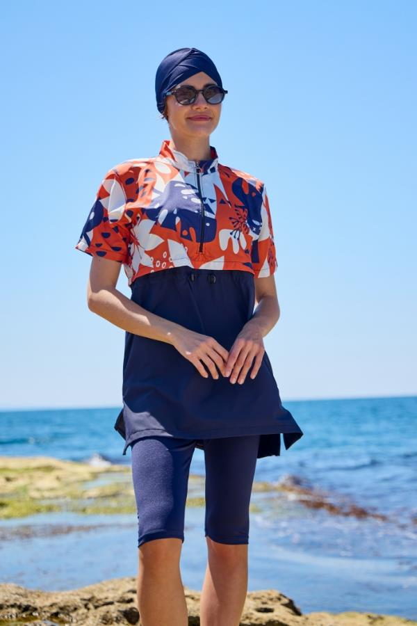 Starinci MayoTesettür Mayo Yarı Kapalı Kapaklı Kısakol Turuncu Dev Çiçek