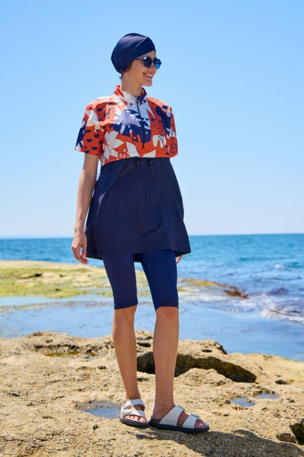 Starinci MayoTesettür Mayo Yarı Kapalı Kapaklı Kısakol Turuncu Dev Çiçek