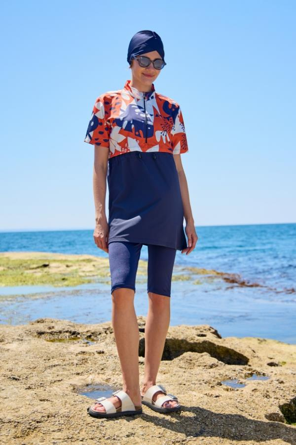 Starinci MayoTesettür Mayo Yarı Kapalı Kapaklı Kısakol Turuncu Dev Çiçek