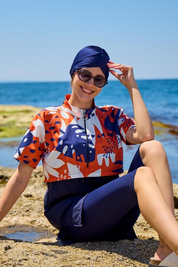 Starinci MayoTesettür Mayo Yarı Kapalı Kapaklı Kısakol Turuncu Dev Çiçek