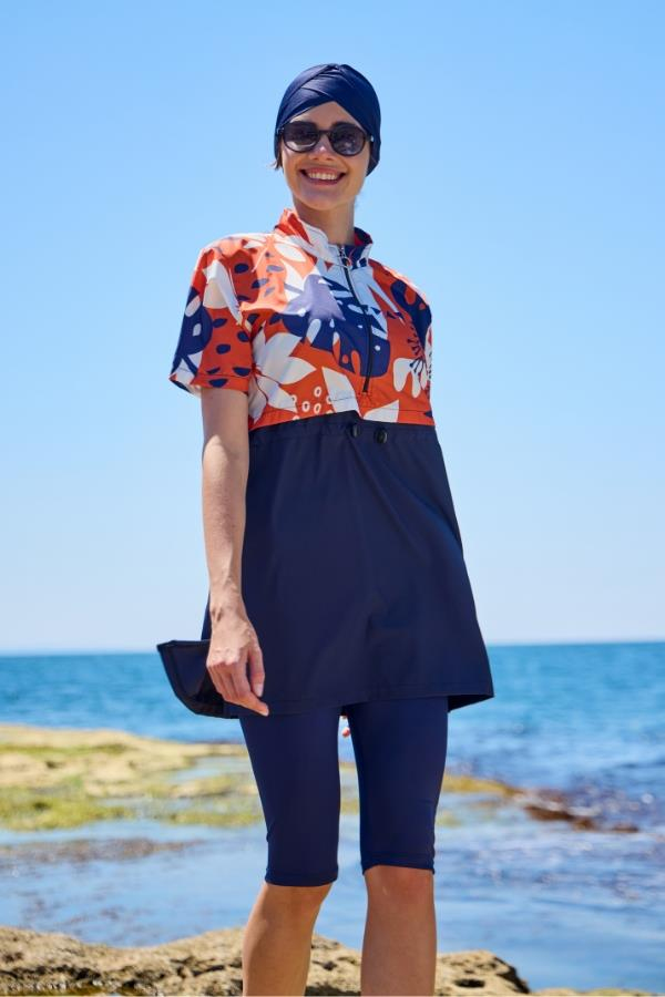 Starinci MayoTesettür Mayo Yarı Kapalı Kapaklı Kısakol Turuncu Dev Çiçek