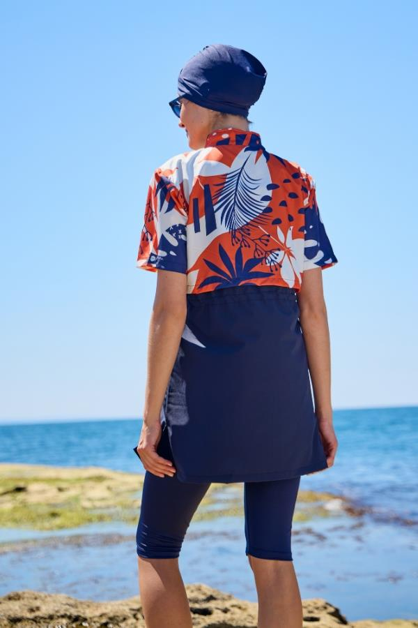 Starinci MayoTesettür Mayo Yarı Kapalı Kapaklı Kısakol Turuncu Dev Çiçek