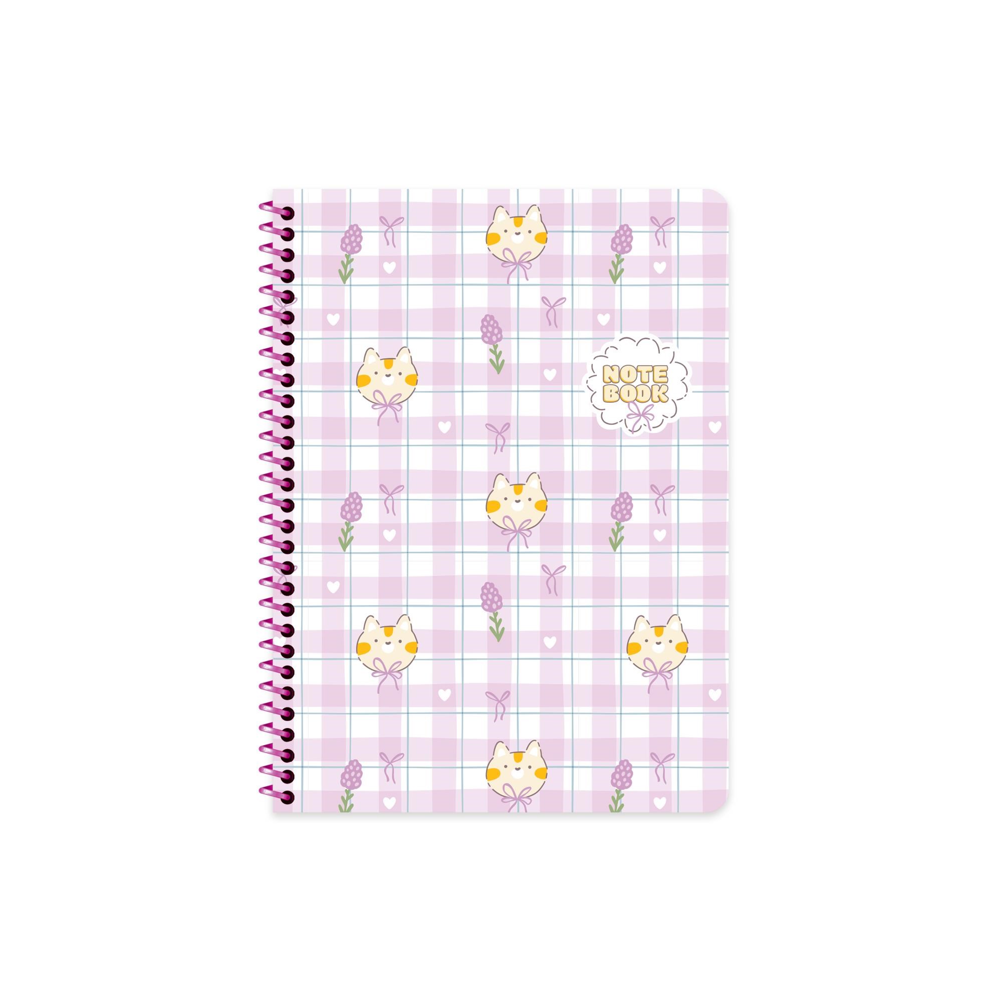 16,5x22,5 Spiralli Karton Kapak Kareli Kawaii Defter - Kedi