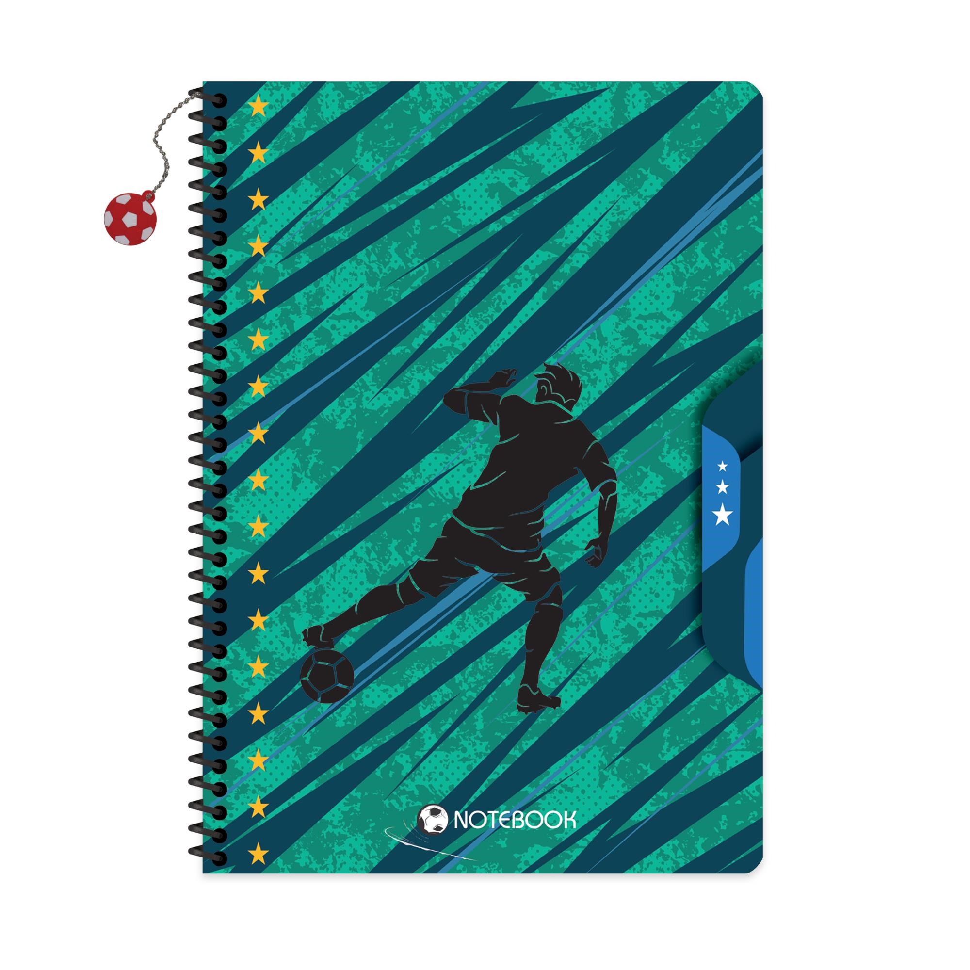 A4 Spiralli Karton Kapak Charmlı Çizgili Futbol Defter - Yeşil