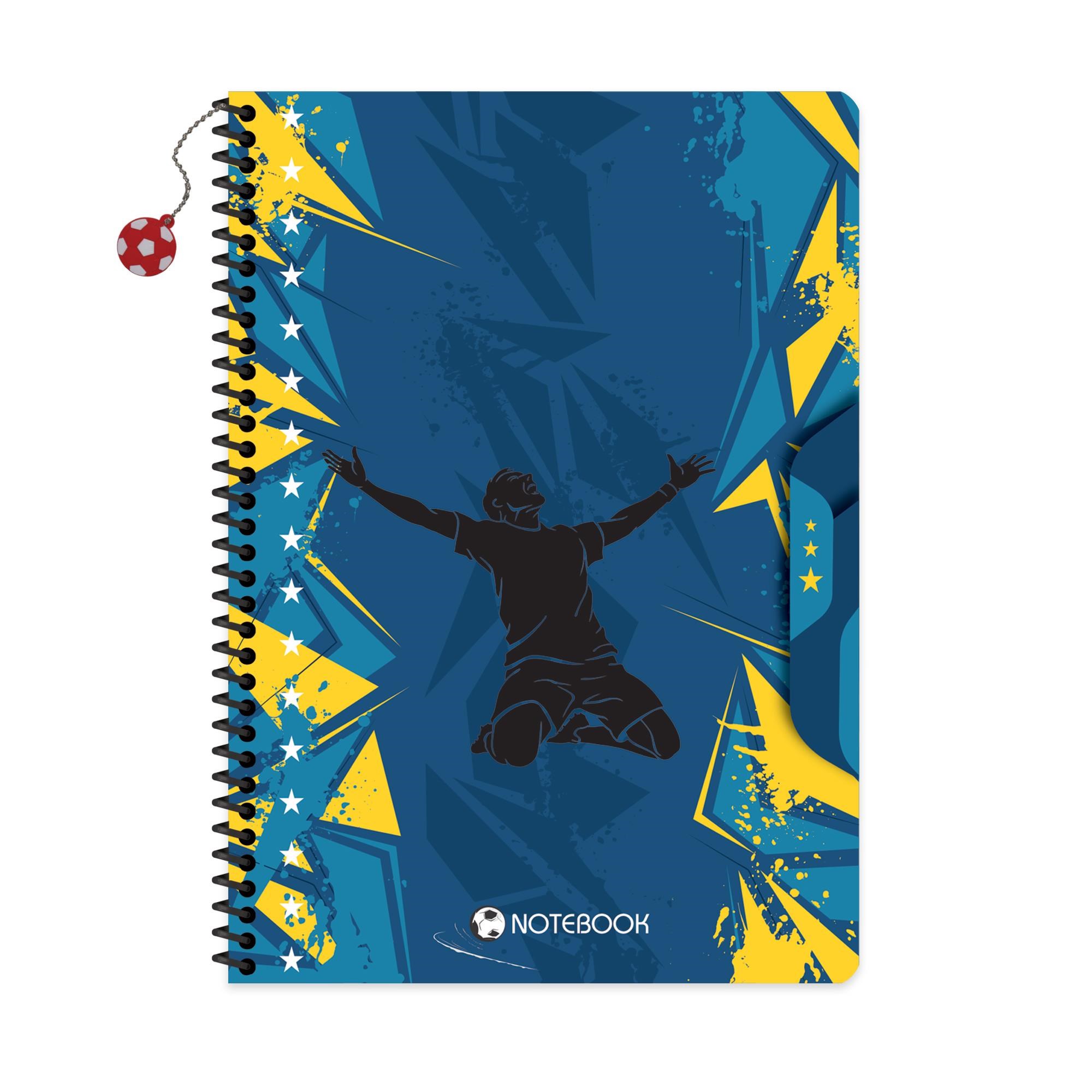 A4 Spiralli Karton Kapak Charmlı Kareli Futbol Defter - Mavi