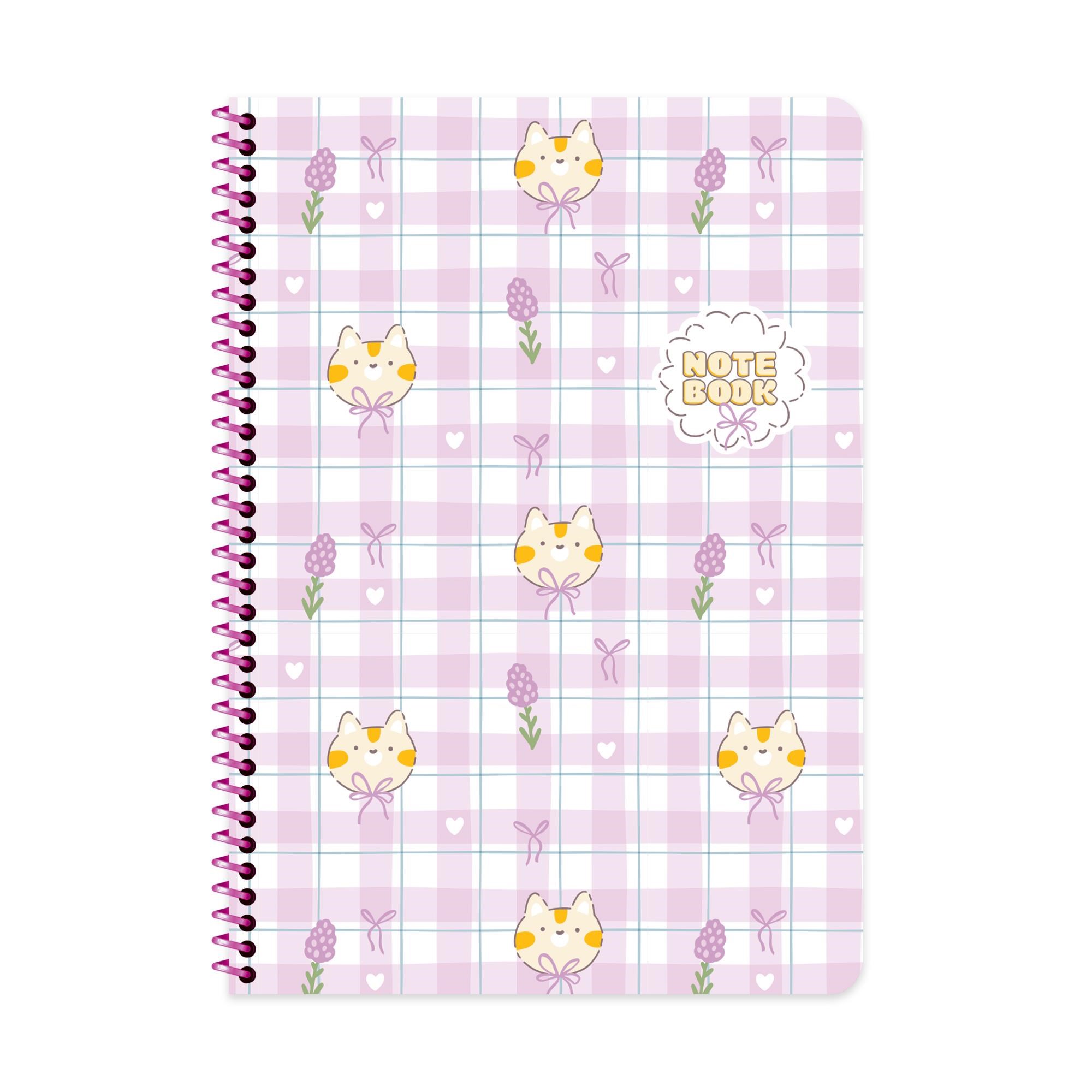 A4 Spiralli Karton Kapak Çizgili Kawaii Defter - Kedi