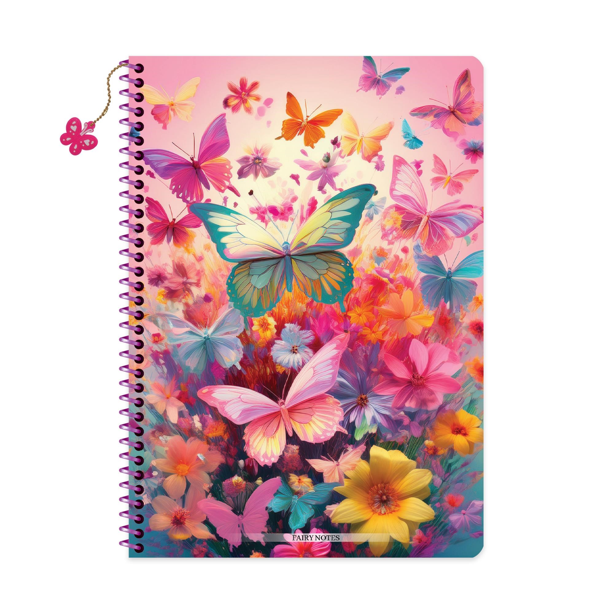 A4 Spiralli Karton Kapak Kareli Charmlı Kelebek Defter - Karışık Renkler