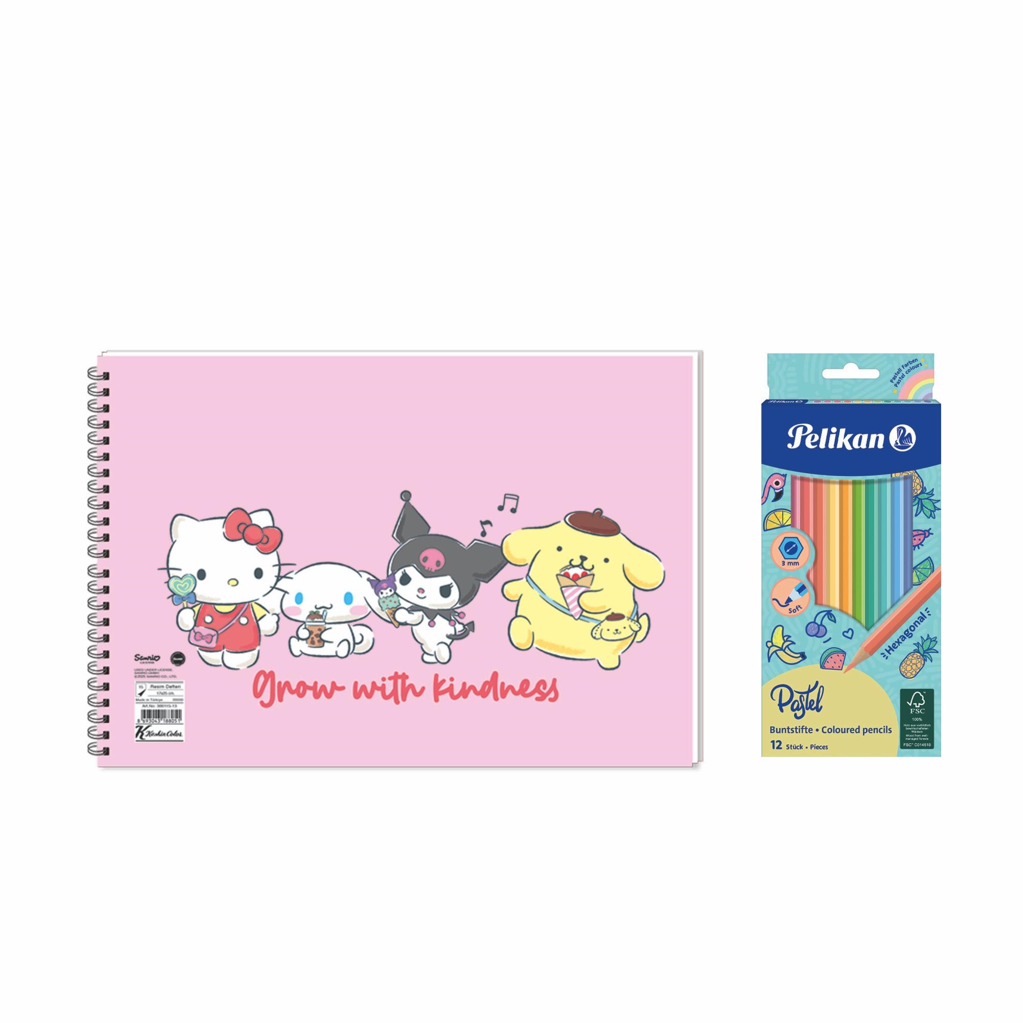 Hello Kitty And Friends 17x25 Spiralli Resim Defteri - Pelikan Pastel Renkler 12'li Kuru Boya 2'li Set