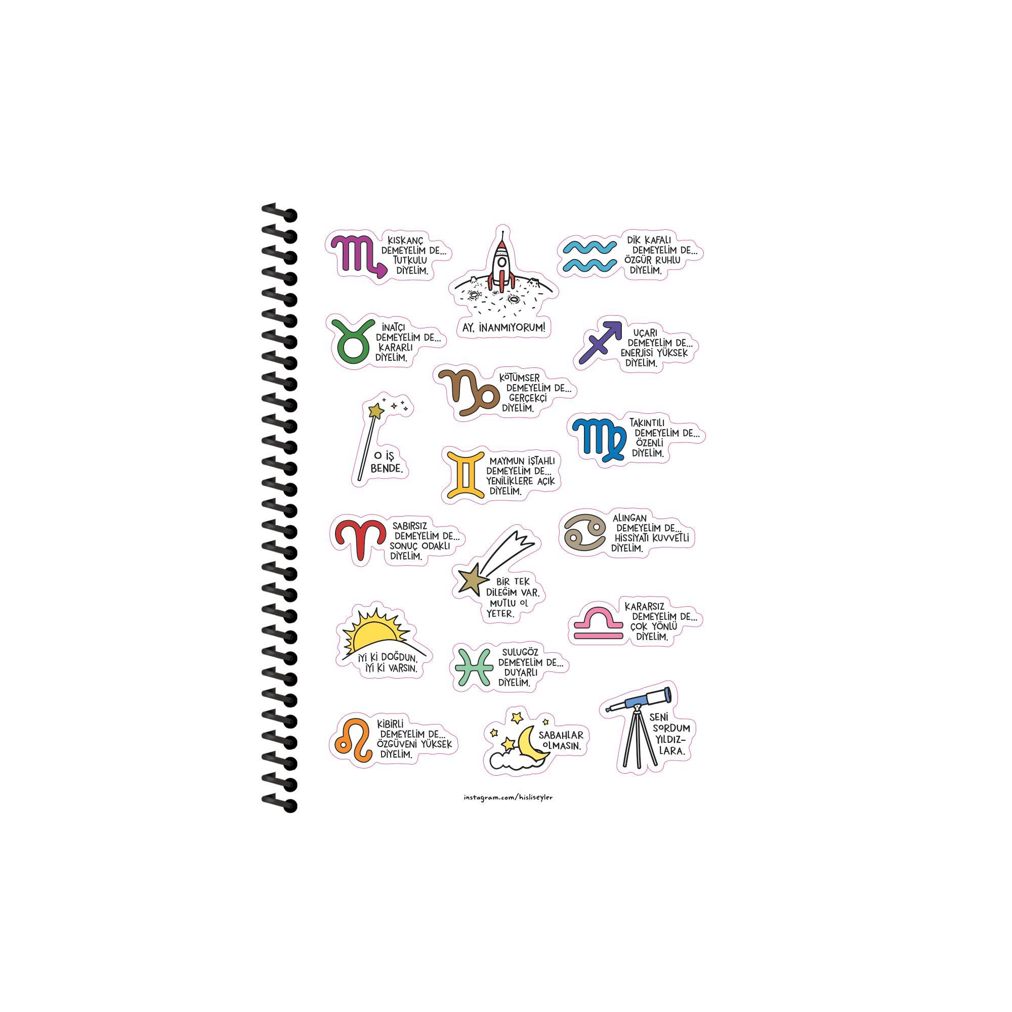 Hisli Şeyler Burçlar Serisi 16,5x22,5  Kareli Spiralli Stickerli Defter - Kötümser Demeyelim De Gerçekçi Diyelim