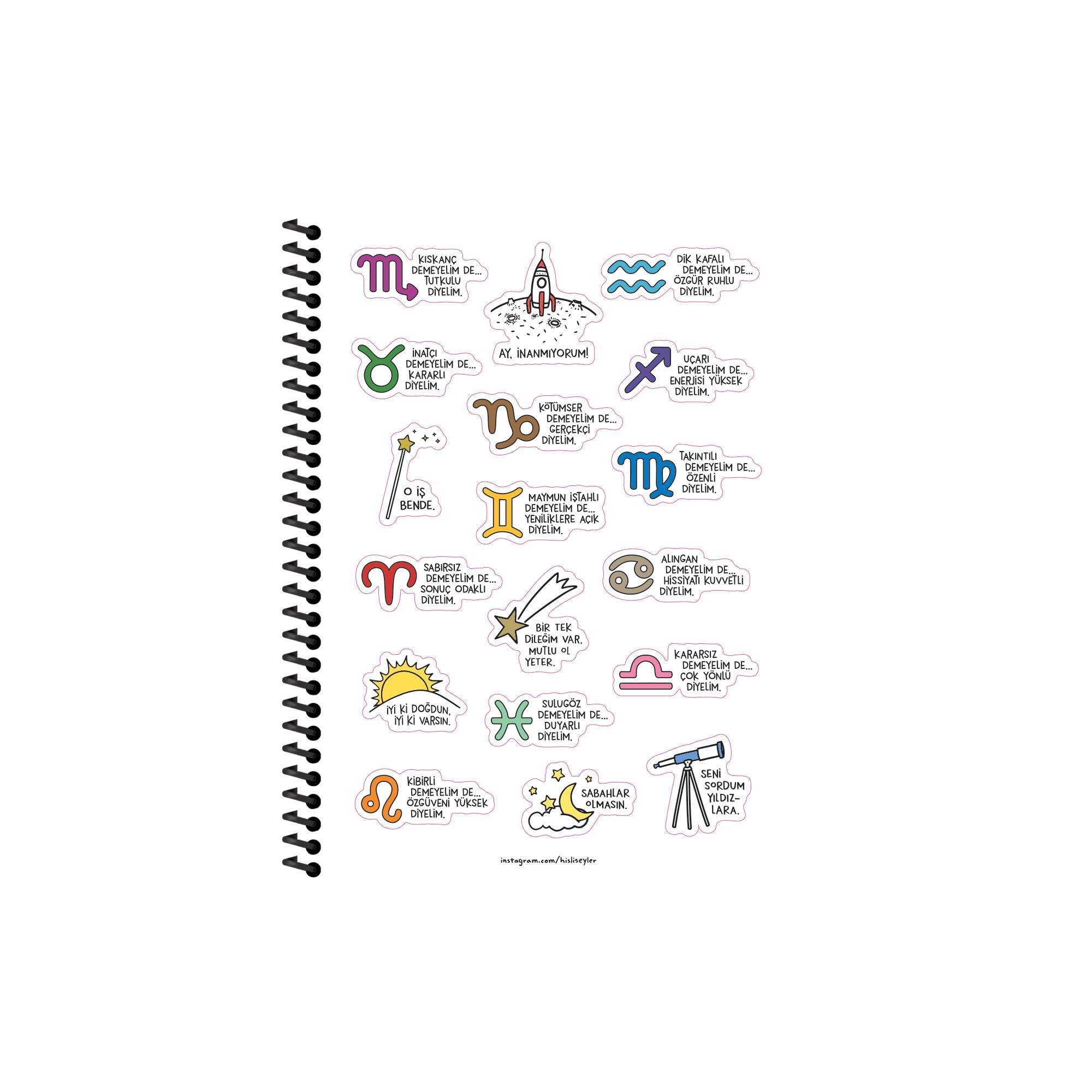 Hisli Şeyler Burçlar Serisi 16,5x22,5 Kareli Spiralli Stickerli Defter - Sabırsız Demeyelim De Sonuç Odaklı Diyelim