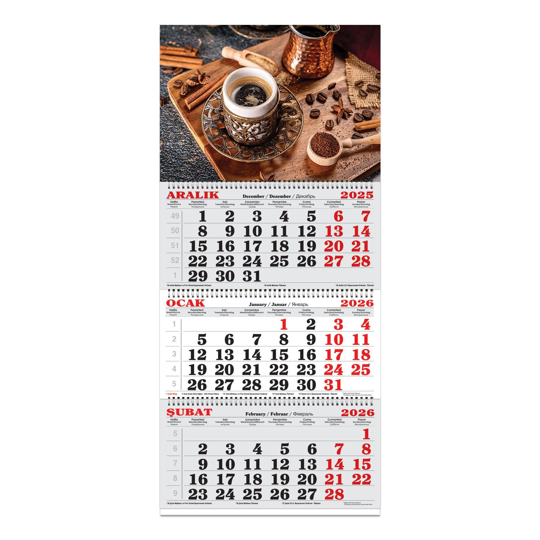 Keskin 2026-3 Aylık Spiralli Jumbo Denizci Takvim-Kahve