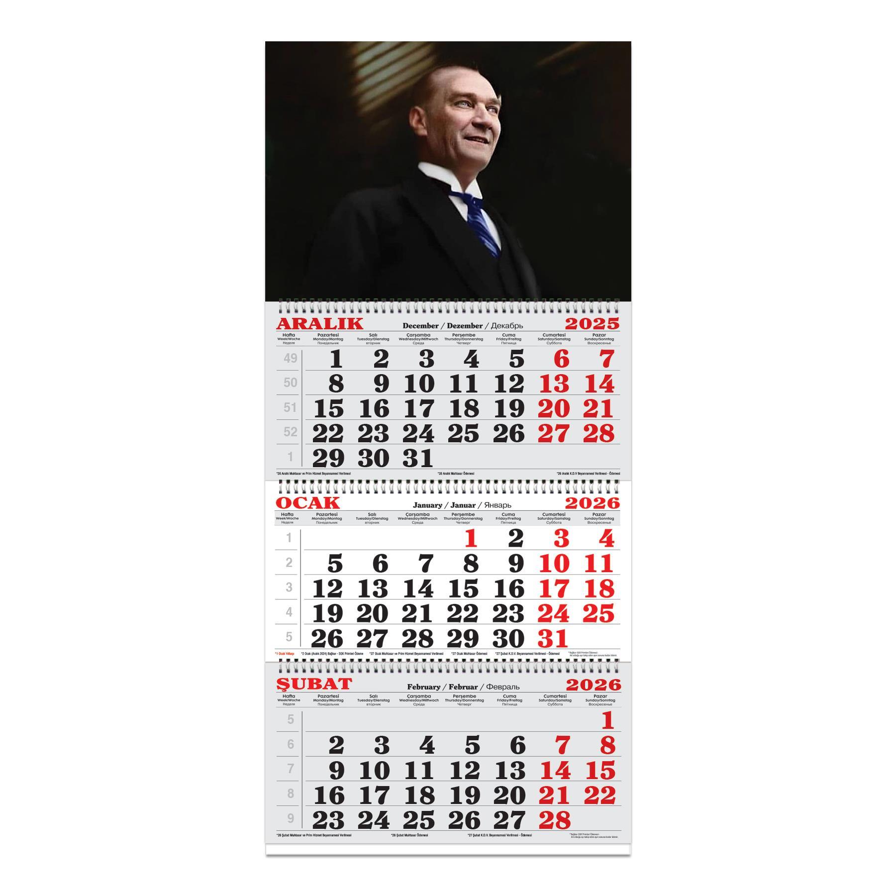 Keskin 2026-3 Aylık Spiralli Jumbo Denizci Takvim-Atatürk 2