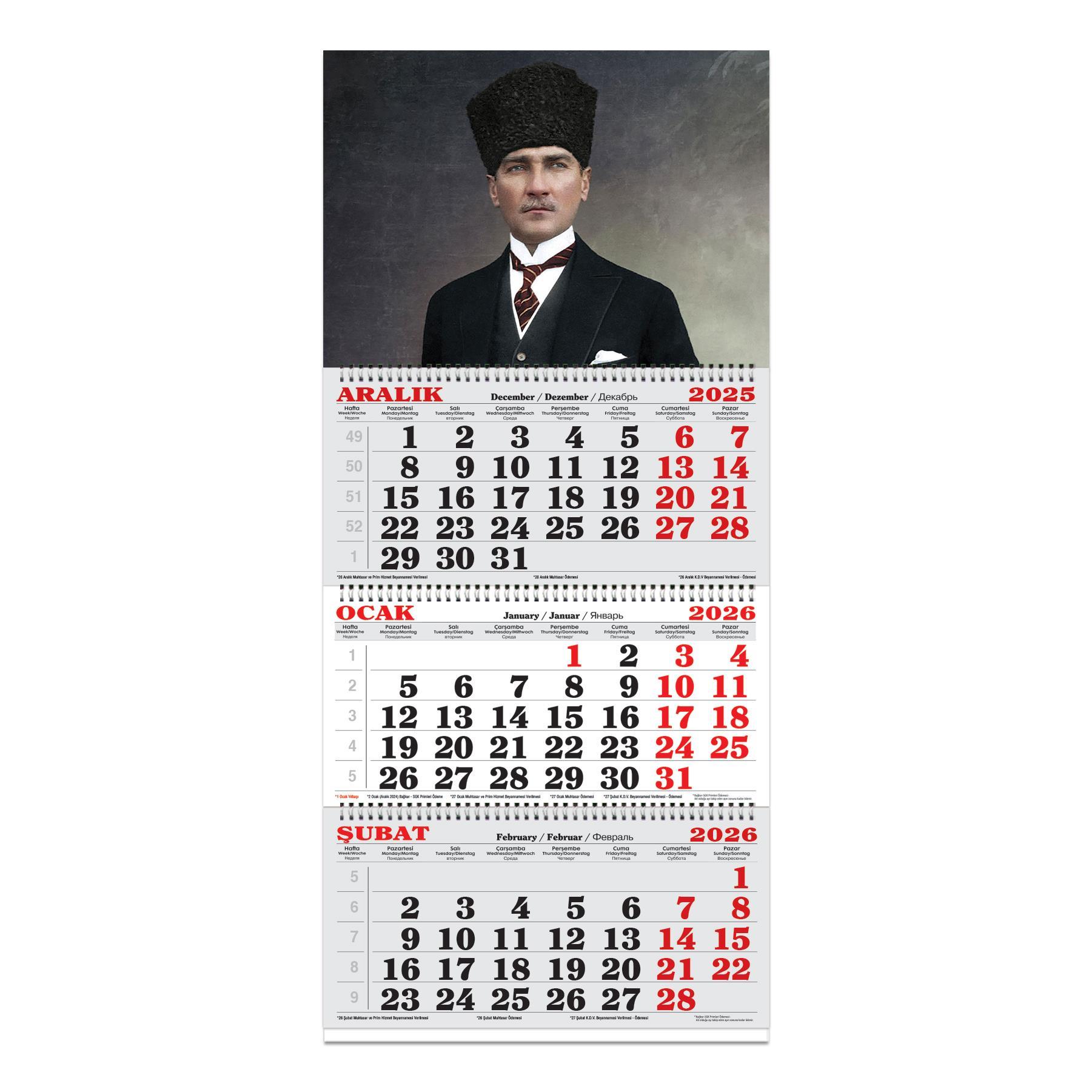 Keskin 2026-3 Aylık Spiralli Jumbo Denizci Takvim-Atatürk 1