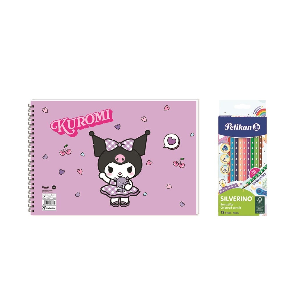 Kuromi 17*25 15 Yp. Spiralli Resim Defteri  - Pelikan 12li Silgili Kuru Boya 2'li Set 3