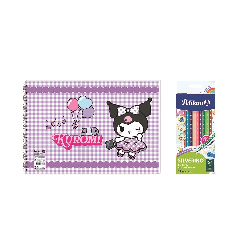 Kuromi 17*25 15 Yp. Spiralli Resim Defteri  - Pelikan 12li Silgili Kuru Boya 2'li Set 2