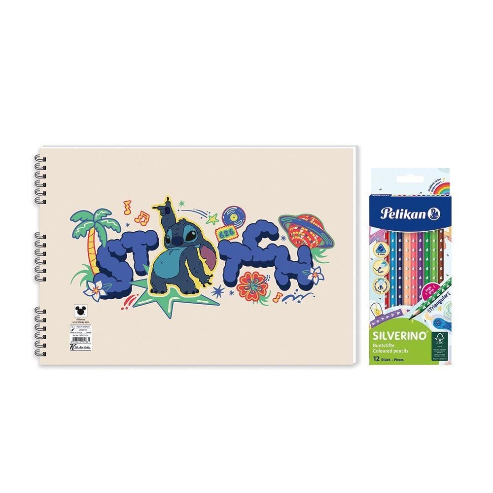 Lilo&Stitch 25*35 15 Yp. Spiralli Resim Defteri - Pelikan Silverino Üçgen Kuru Boya Kalemi 2'li Set