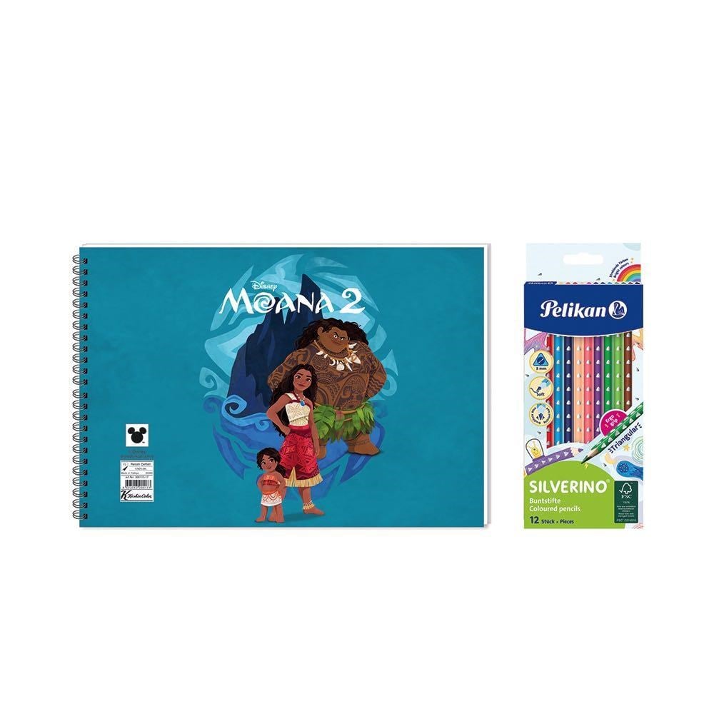 Moana 17*25 15 Yp. Spiralli Resim Defteri  -  Pelikan Silverino Üçgen Kuru Boya Kalemi 2'li Set 2