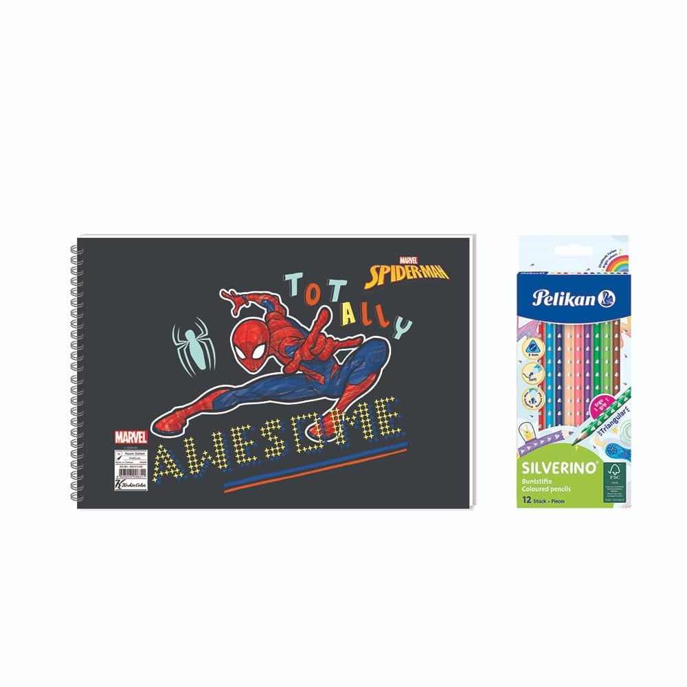 Spider-Man 17x25  Spiralli Resim Defteri  - Pelikan Silverino Üçgen Kuru Boya Kalemi 2'li Set 2