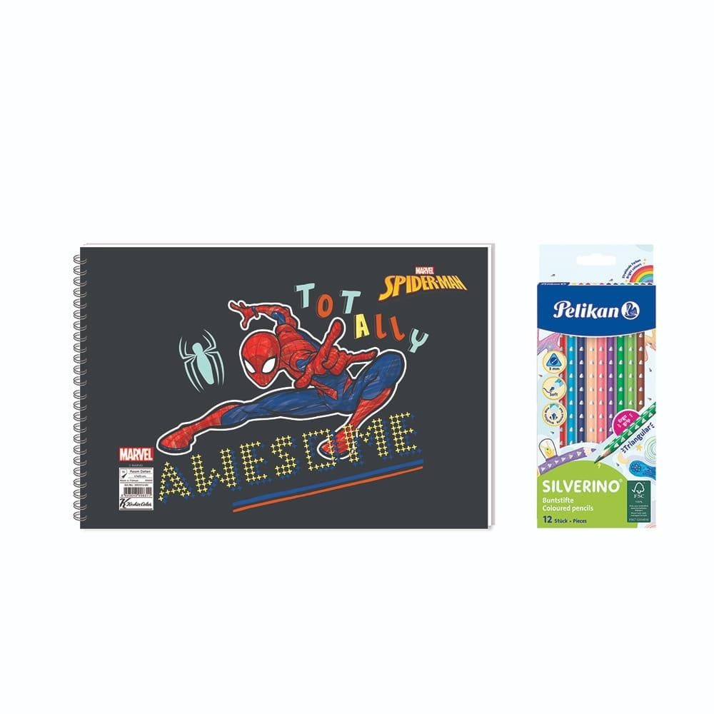 Spider-Man 17x25  Spiralli Resim Defteri  - Pelikan Silverino Üçgen Kuru Boya Kalemi 2'li Set 2
