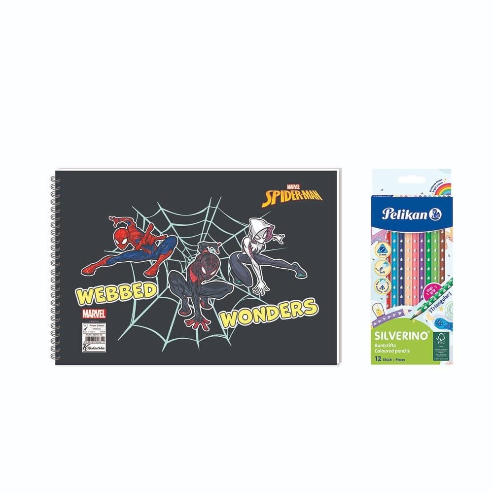 Spider-Man 17x25  Spiralli Resim Defteri  - Pelikan Silverino Üçgen Kuru Boya Kalemi 2'li Set 4