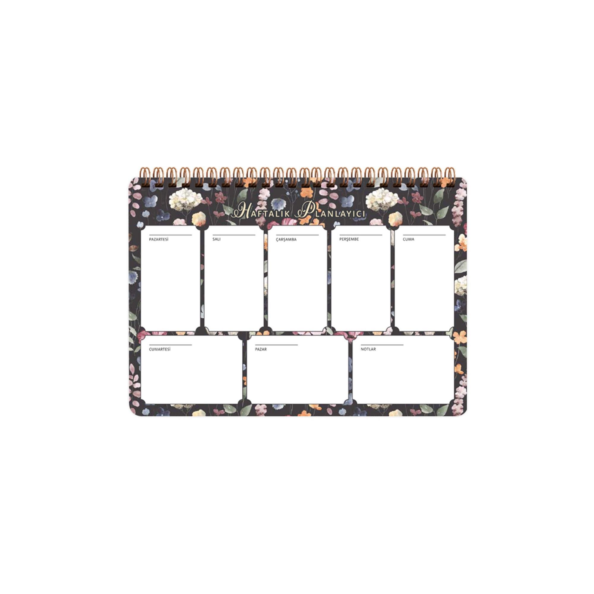 Spiralli Planner Siyah Çiçek 17x24