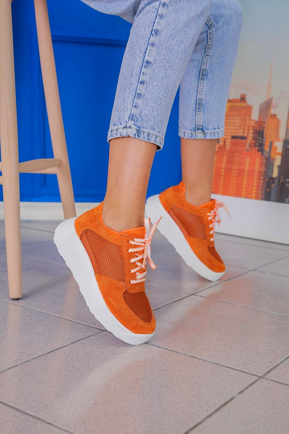 ALANLA MODEL 4 CM TABANLI FİLE DETAYLI SNEKARS SPOR AYAKKABI TURUNCU