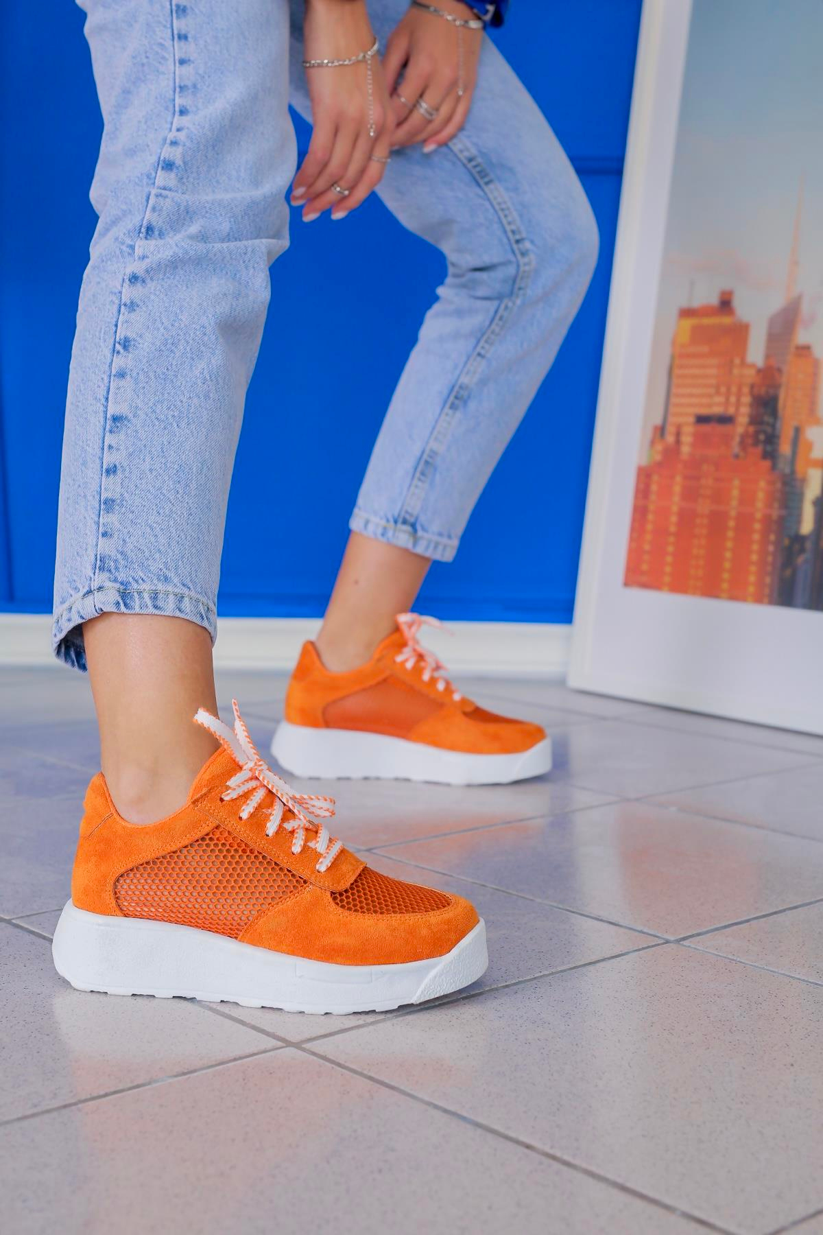 ALANLA MODEL 4 CM TABANLI FİLE DETAYLI SNEKARS SPOR AYAKKABI TURUNCU