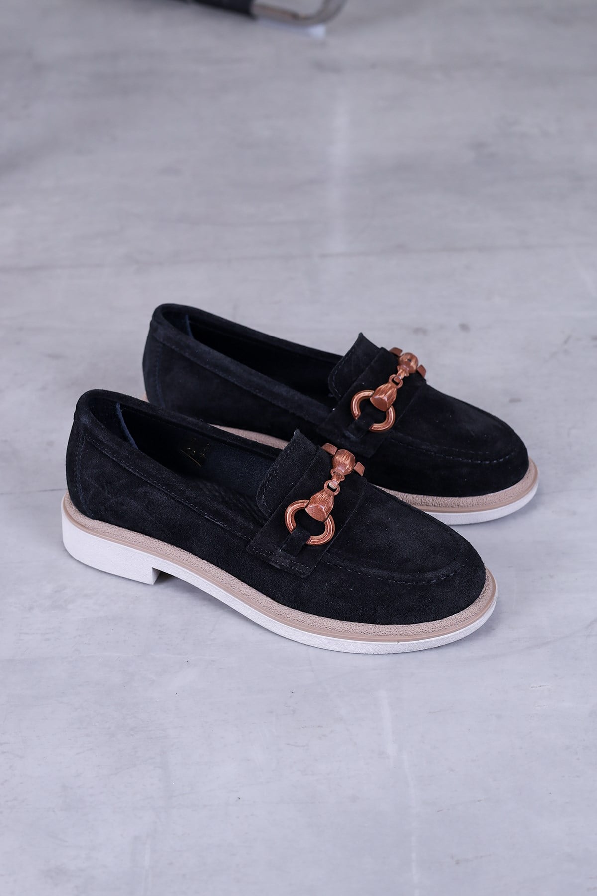 b1555 model 2 cm tabanlı yeni sezon orjinal deri loafer babet SIY.SUET