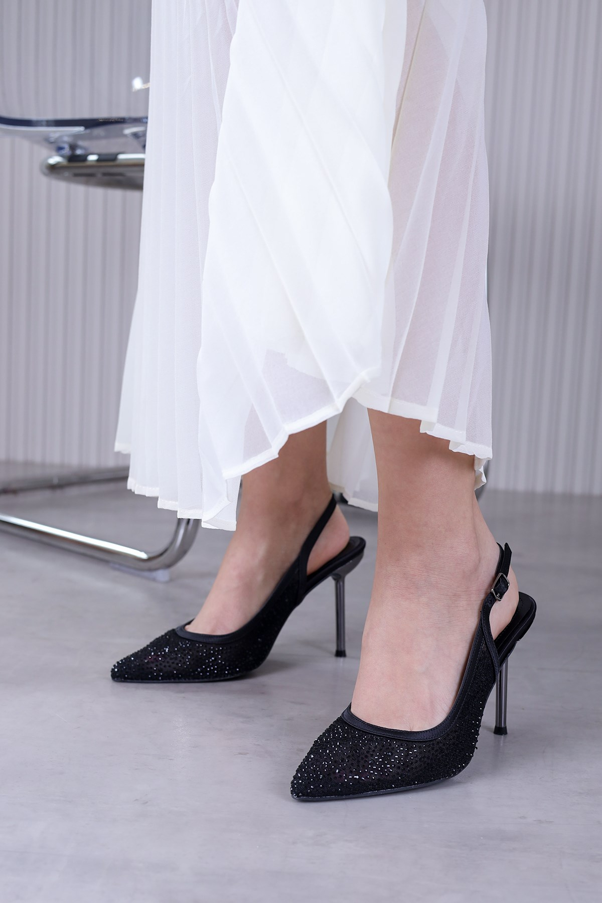 bissa model 10 cm topuklu yeni sezon taş detaylı abiye ayakkabı stiletto SIYAH