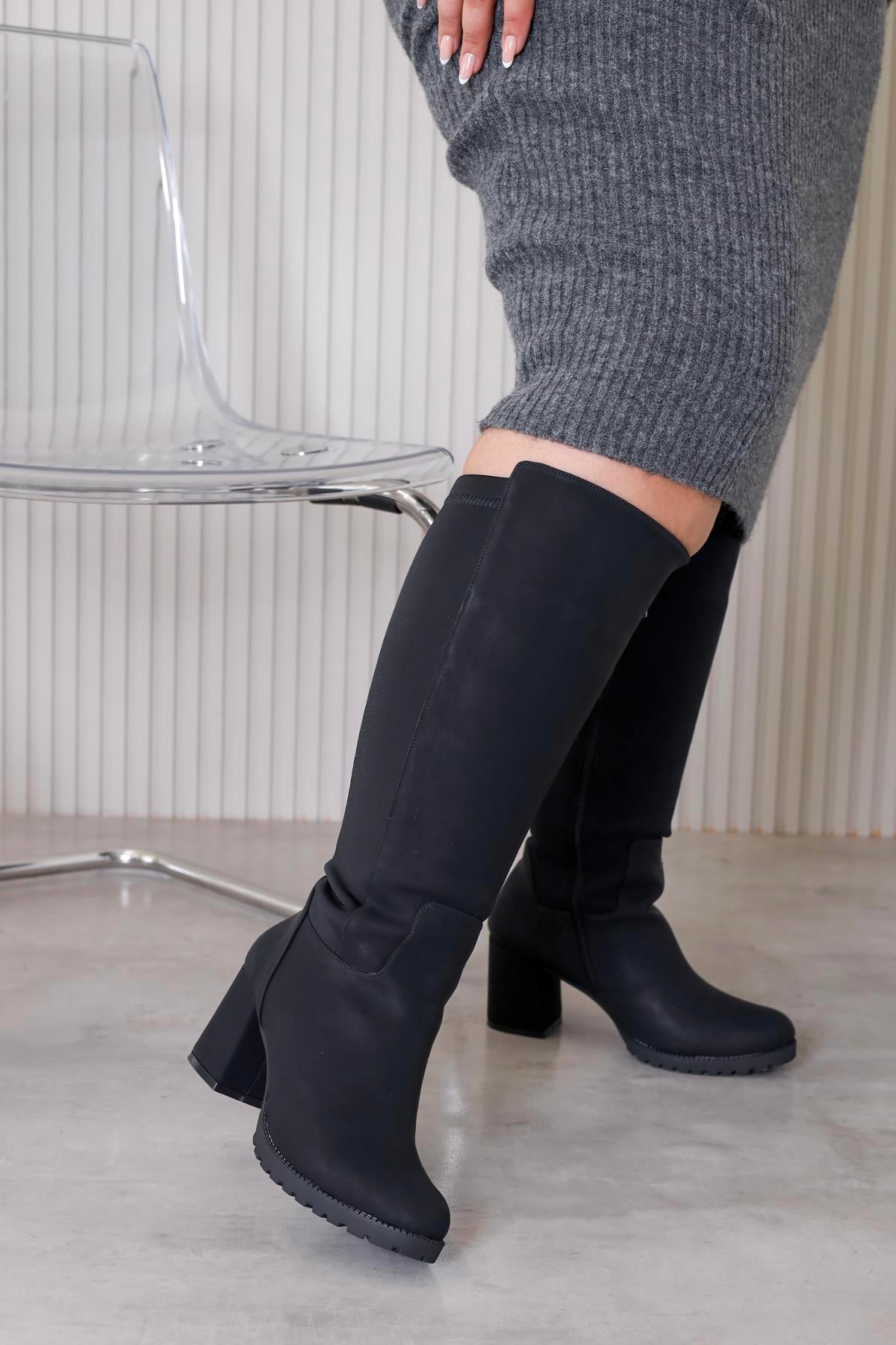 DEJA MODEL 6 Cm Topuklu Kalin Taban Sihirli Çizme siyah cilt