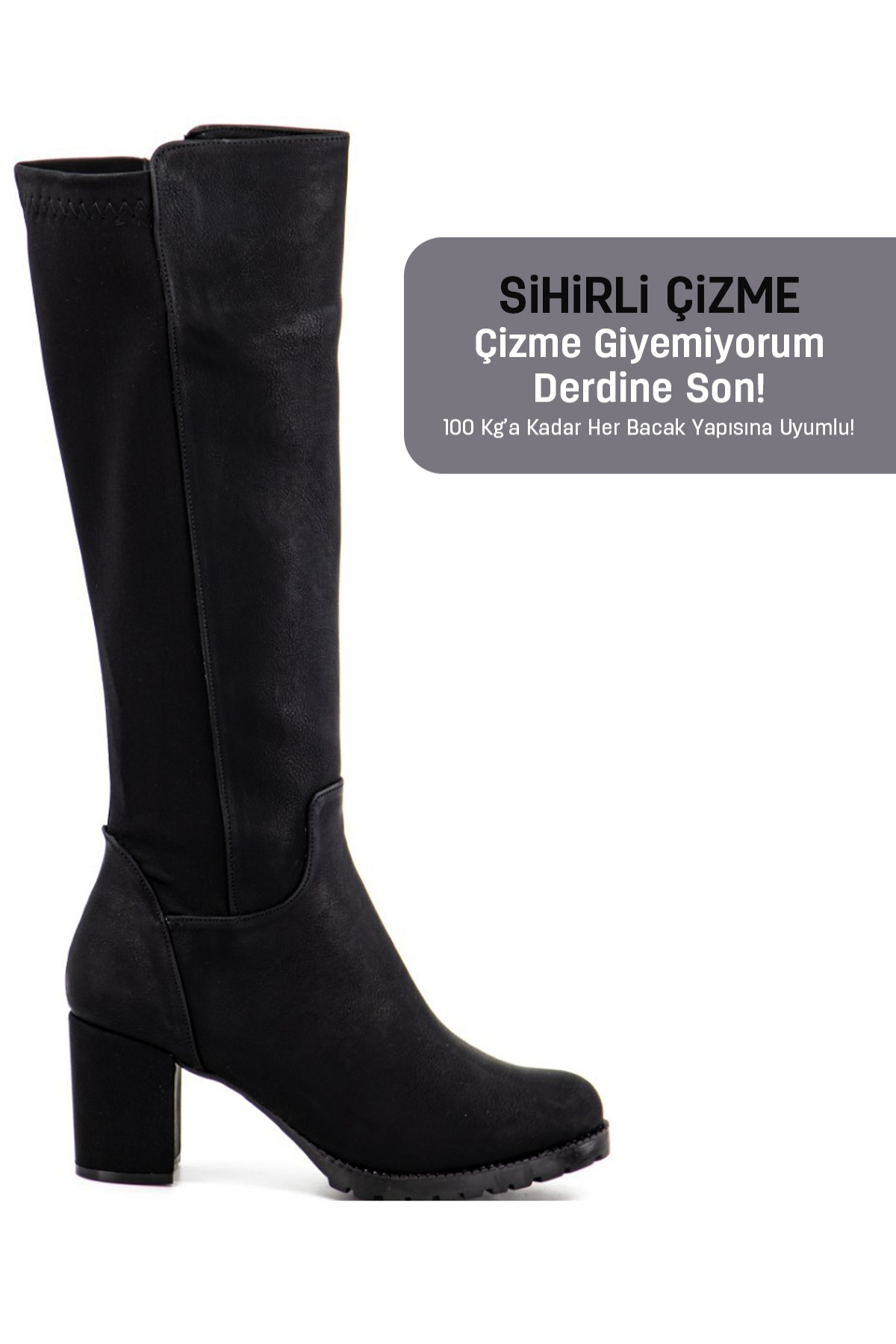 DEJA MODEL 6 Cm Topuklu Kalin Taban Sihirli Çizme siyah cilt