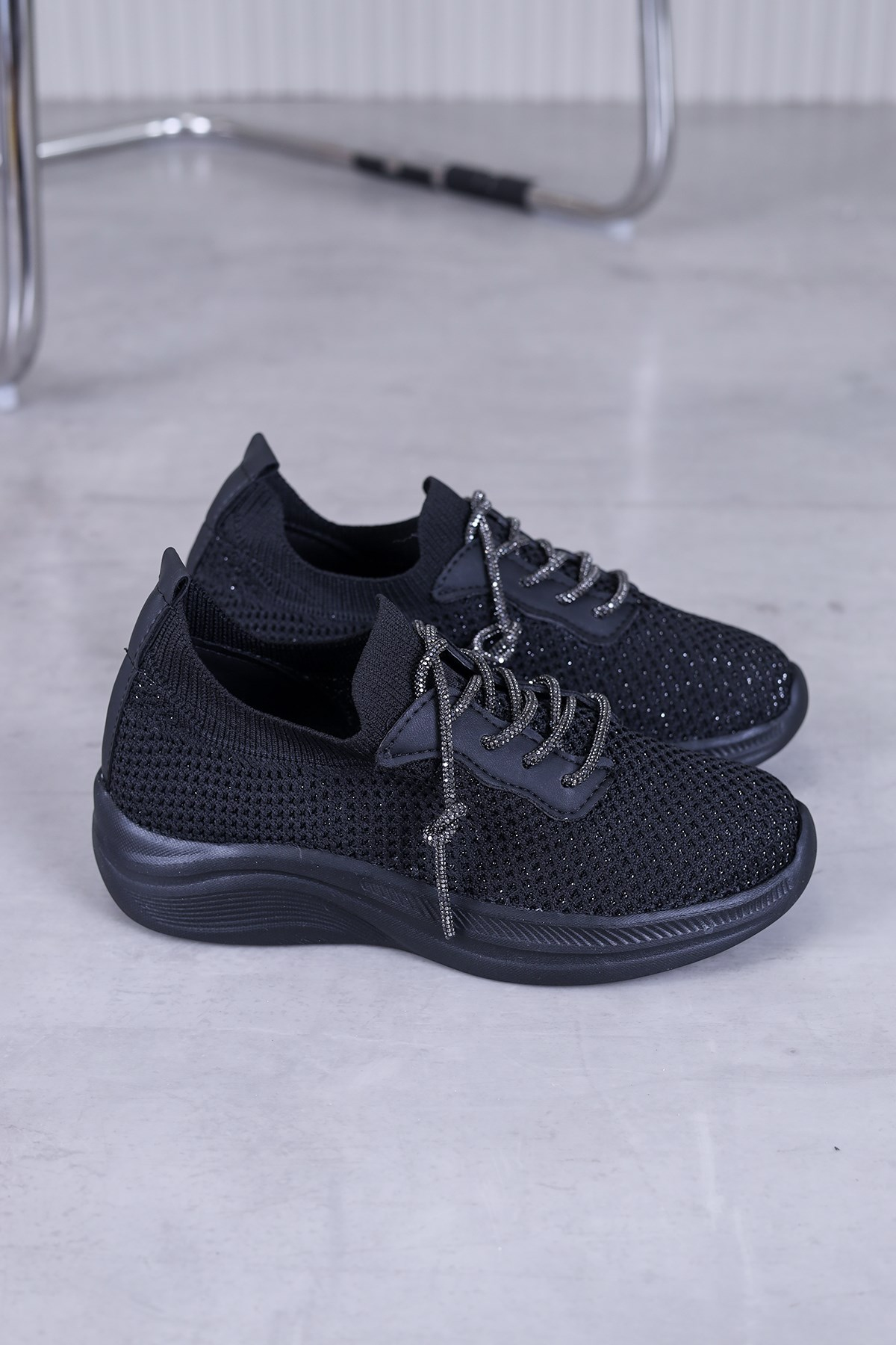 dv73 model taş detaylı 4 cm tabanlı spor ayakkabı SIYAH