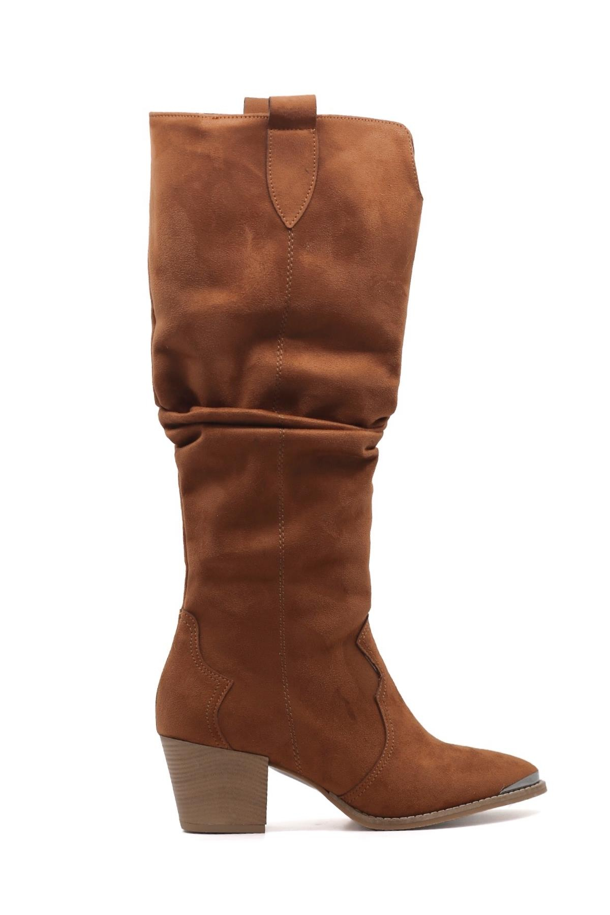 Elza 5 Cm Topuklu Western Model Uzun Çi̇zme Taba.suet