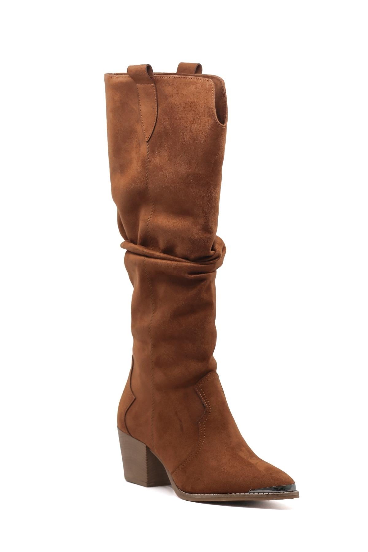 Elza 5 Cm Topuklu Western Model Uzun Çi̇zme Taba.suet