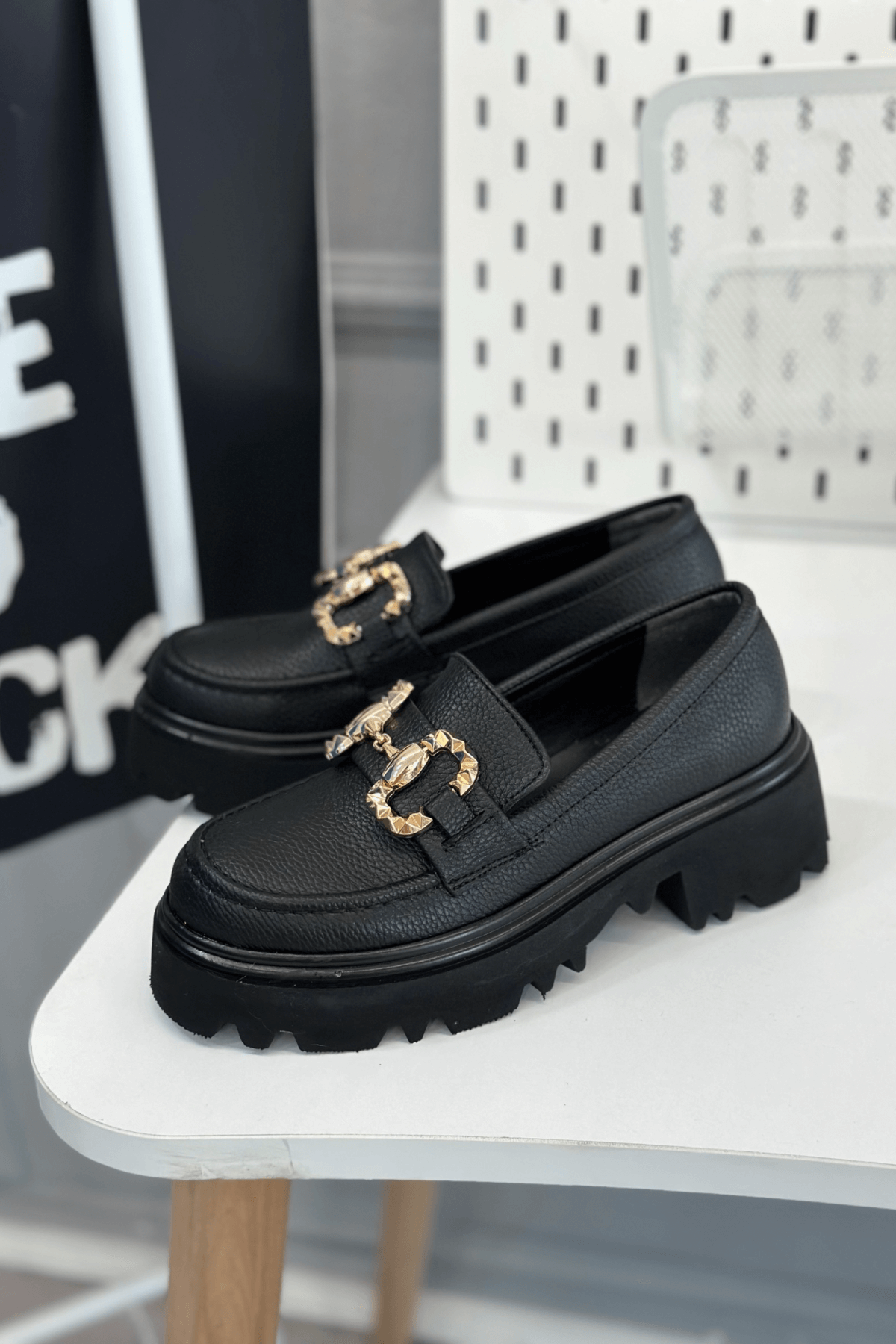 FL832 MODEL TOKA DETAYLI 5 CM TABANLI BABET LOAFER SIYAH