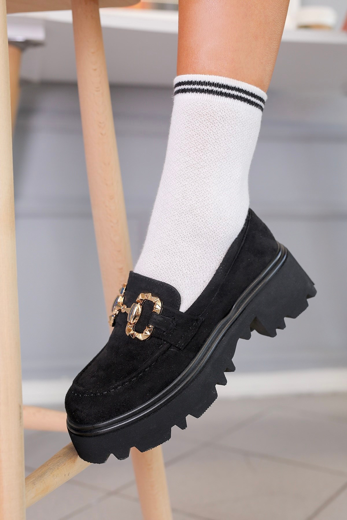 FL832 MODEL TOKA DETAYLI 5 CM TABANLI BABET LOAFER SIY.SUET
