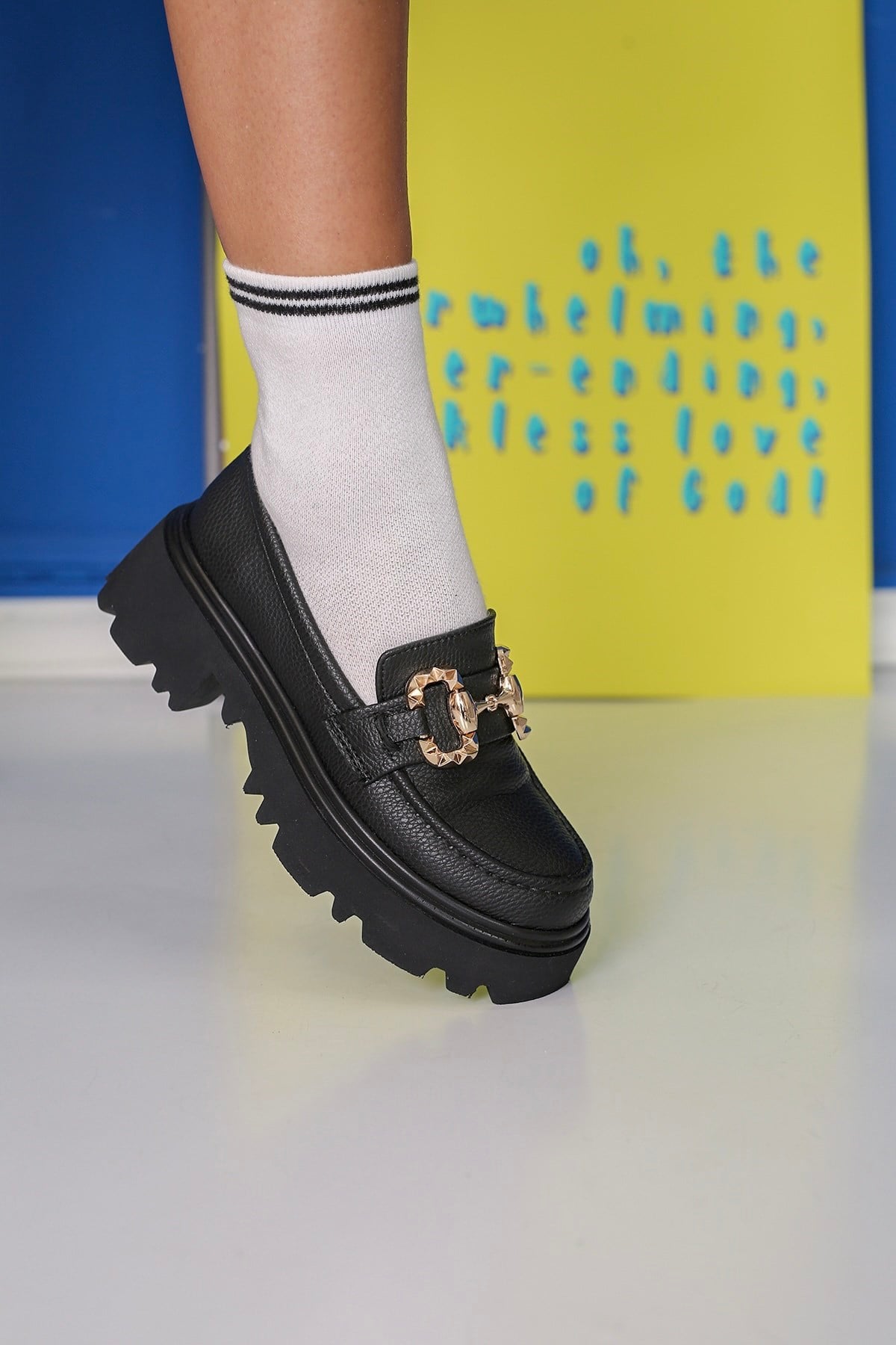 FL832 MODEL TOKA DETAYLI 5 CM TABANLI BABET LOAFER SIYAH
