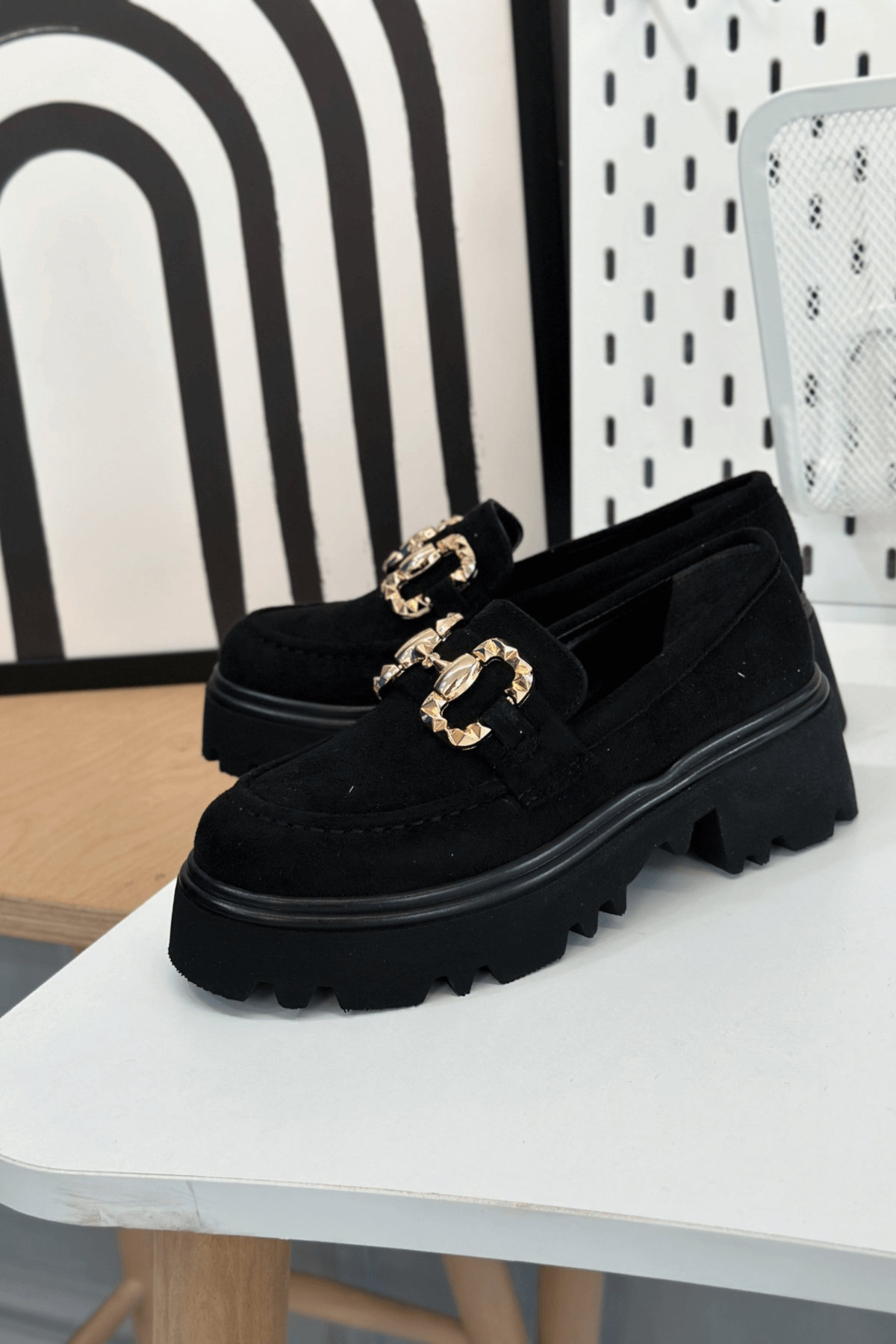 FL832 MODEL TOKA DETAYLI 5 CM TABANLI BABET LOAFER SIY.SUET