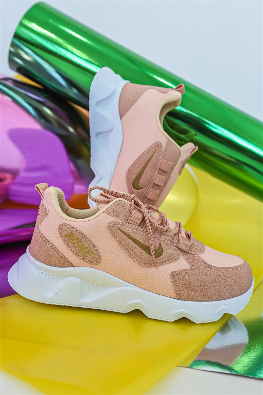 LUFFY MODEL 3 CM TOPUKLU YENİ SEZON SNEAKERS SPOR AYAKKABI PUDRA ALT.
