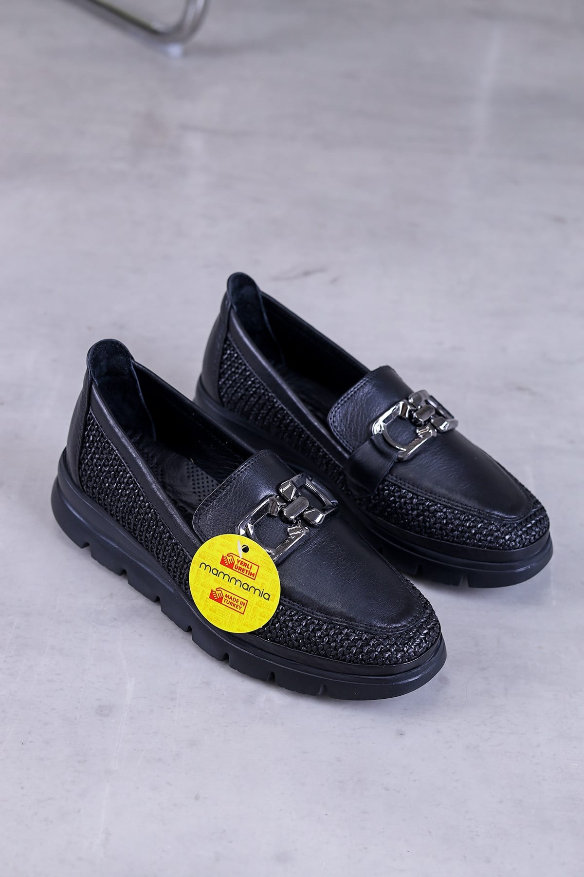 m7680 model mammamia marka 4 cm dolgu topuk yeni sezon orjinal deri babet loafer SIYAH