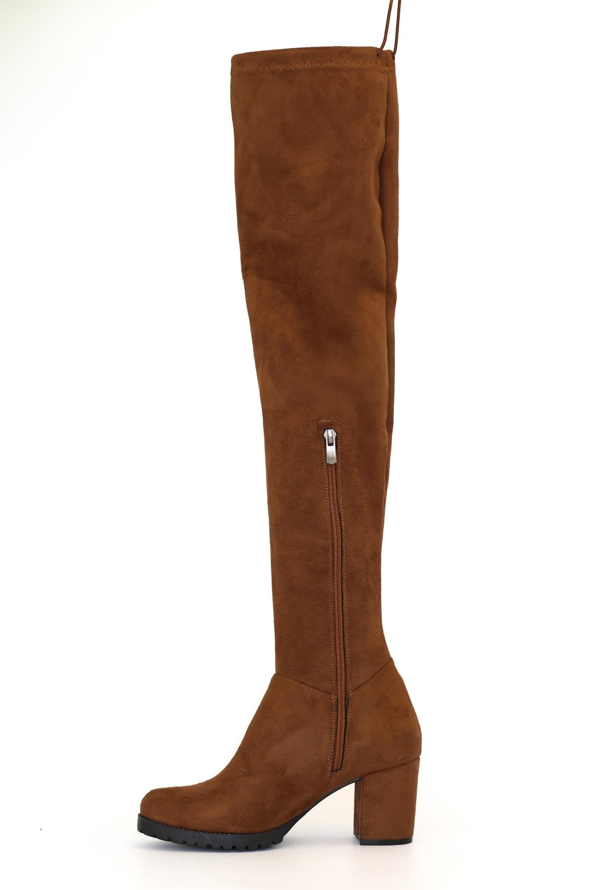 NAPOLİ 5 Cm Topuklu Uzun Streç Sihirli Çizme Taba Suet