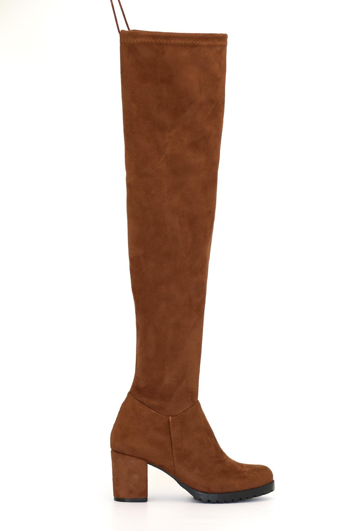 NAPOLİ 5 Cm Topuklu Uzun Streç Sihirli Çizme Taba Suet