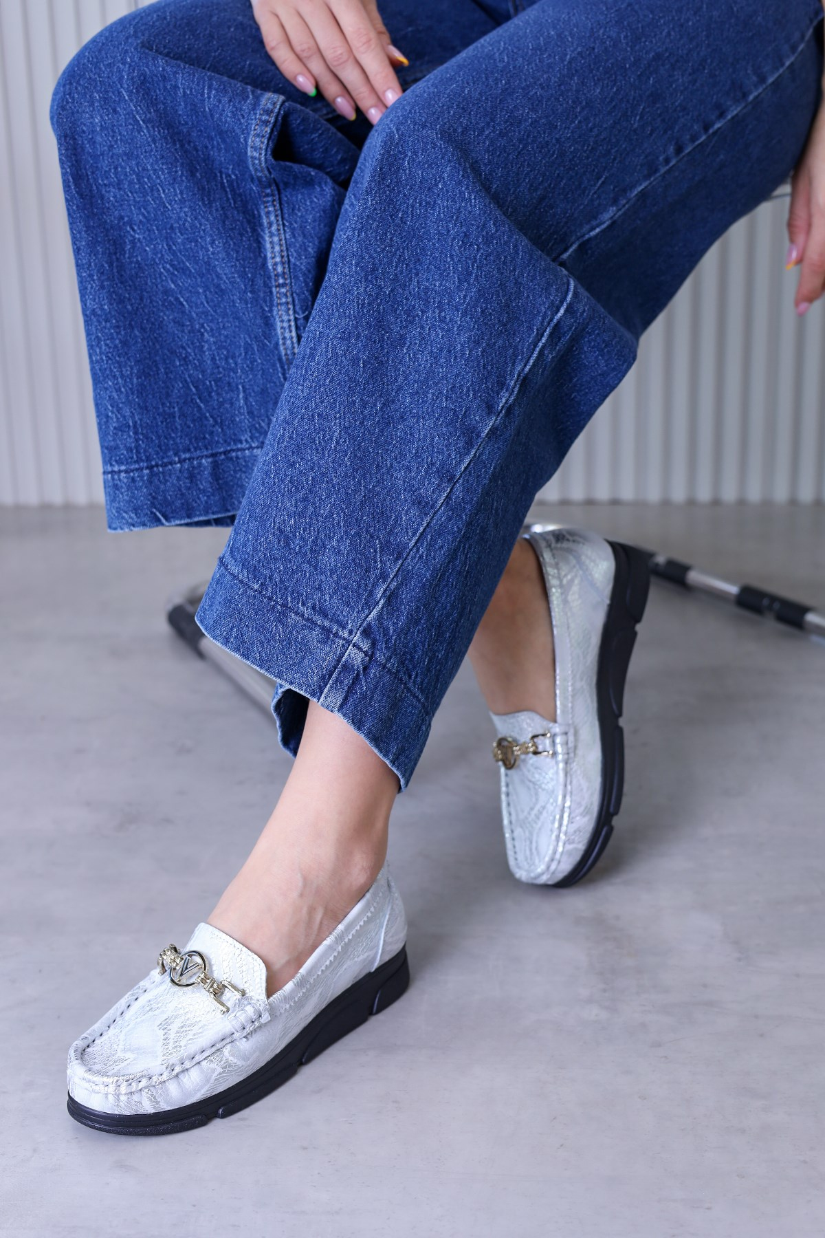 pe716 1 model 3 cm tabanlı orjinal deri loafer babet GUMUS