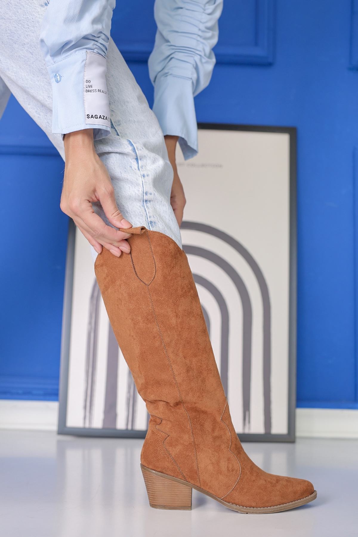 ST143  MODEL 5 CM TOPUKLU UZUN   WESTERN ÇİZME TABA.SUET