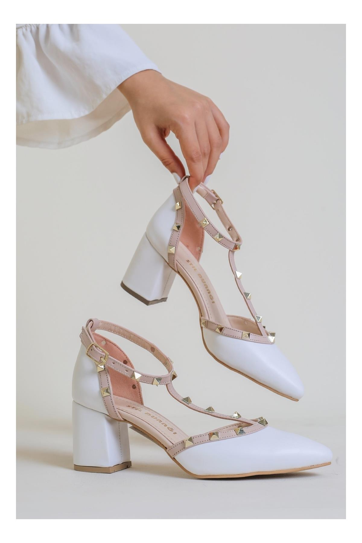 Valentino Troklu  Şerit Detayli  5 Cm Topuklu Ayakkabi Beyaz